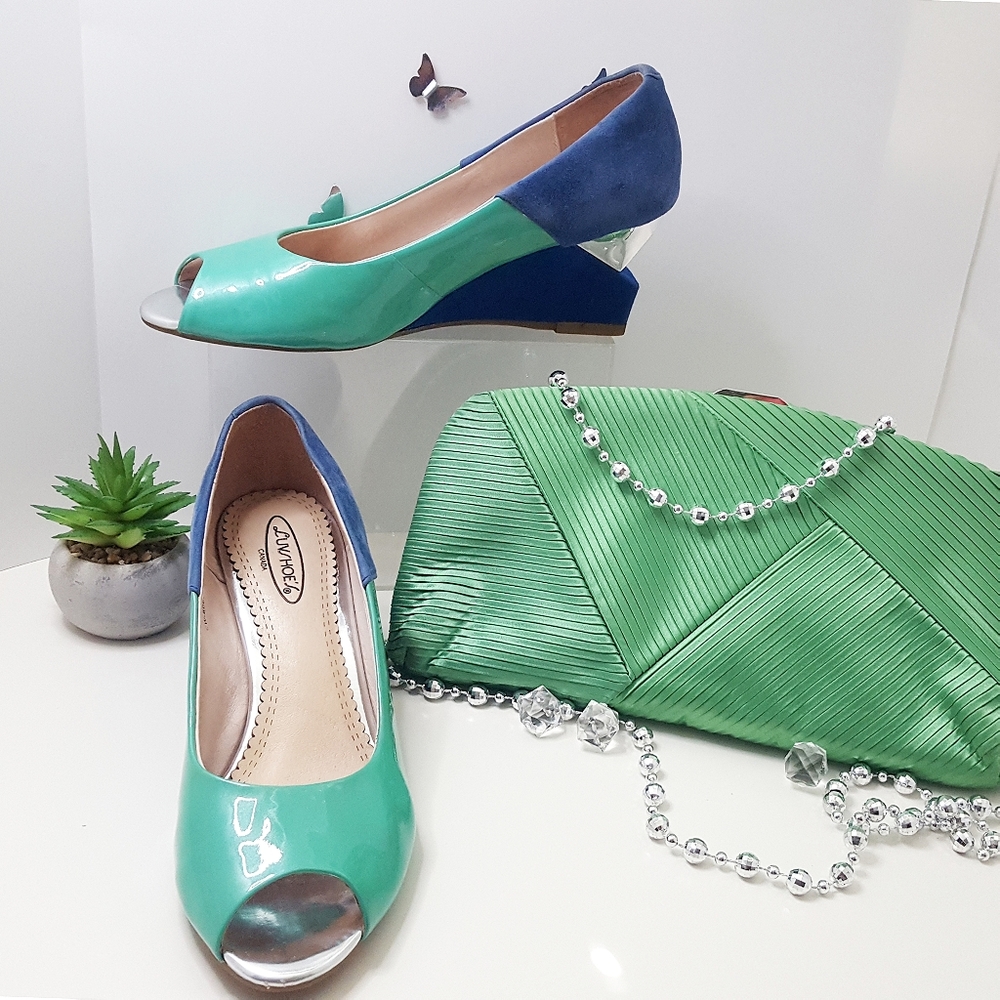 80's-90's Luvshoes💚Block Color💙Patent Suede Leather Open Toe Wedge Sandals